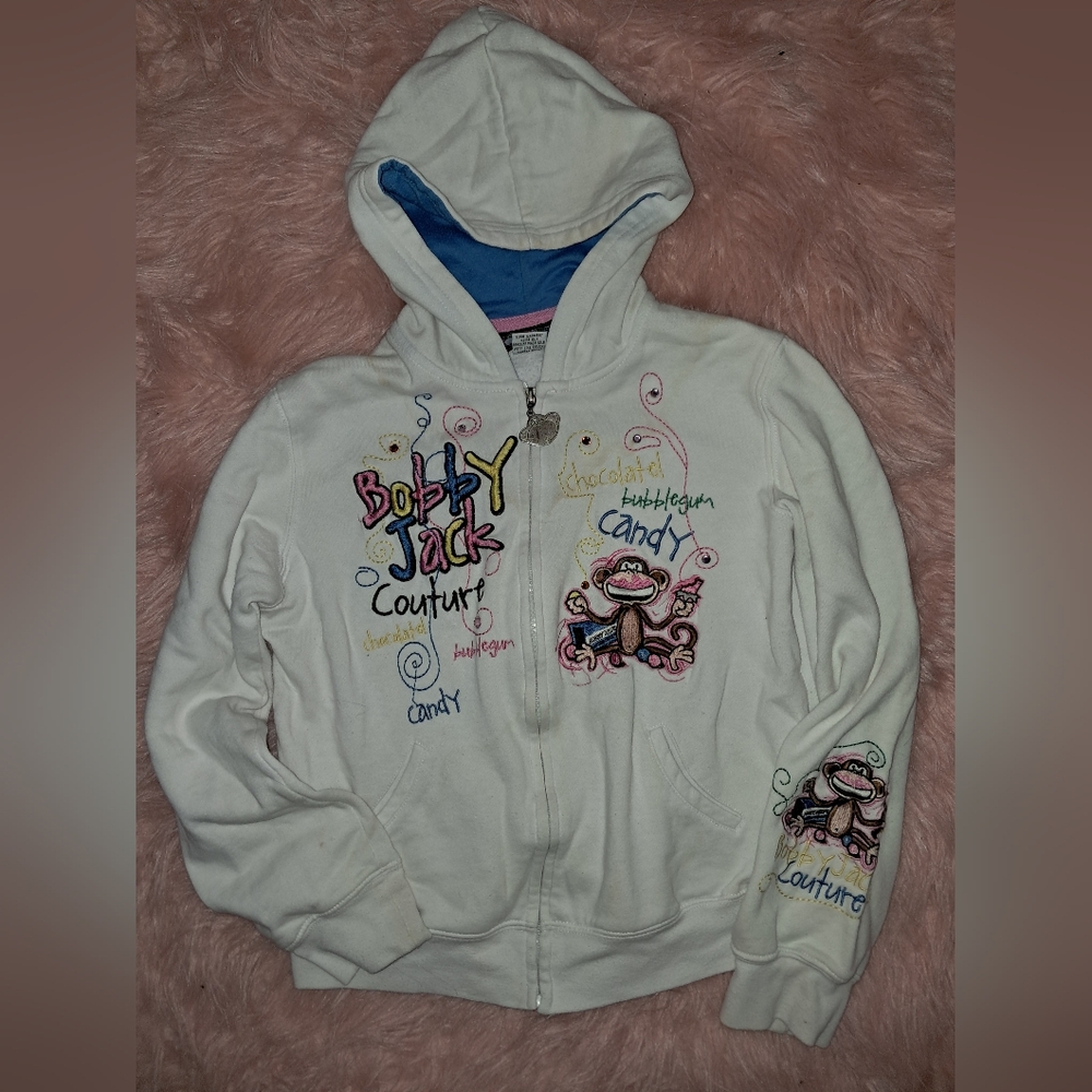 White Y2K Bobby Jack Graphic Zip-Up Hoodie with Embroidered Monkey